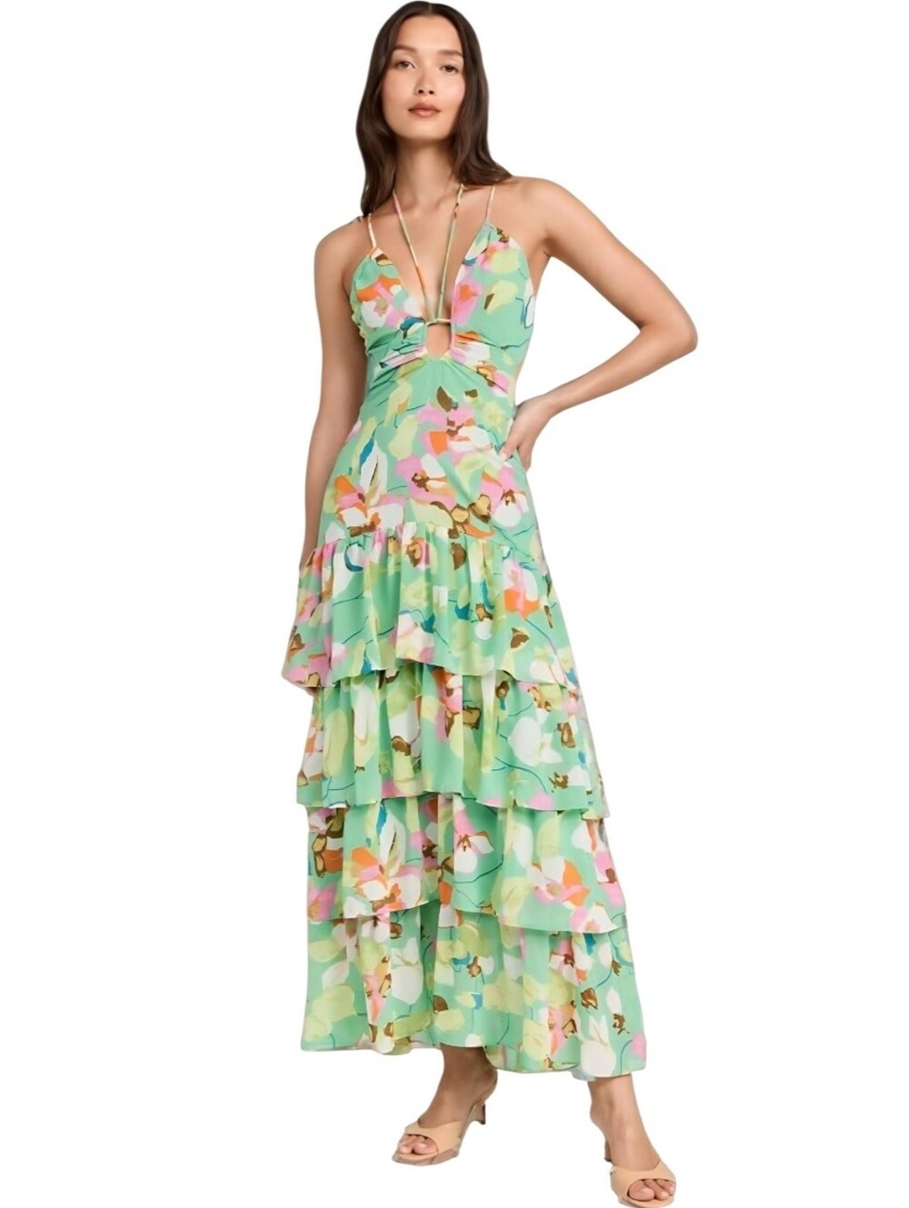NWT ASTR Aneia Green Floral Chiffon Tiered‎ Maxi Dress Size Small